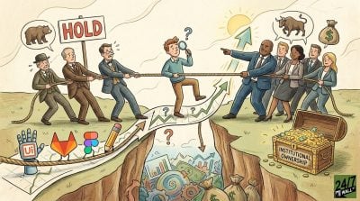 A cartoon-style illustration showing a tug-of-war between bearish analysts and bullish institutional investors over a man walking a tightrope graph.