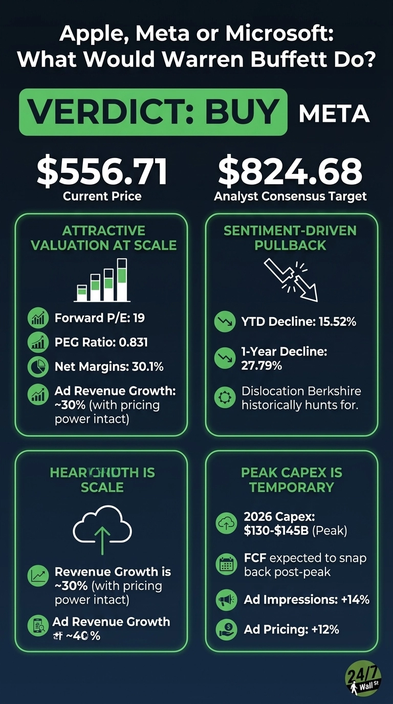 An infographic titled 'Apple, Meta or Microsoft: What Would Warren Buffett Do?' on a dark blue background with green accents. A prominent green banner at the top declares 'VERDICT: BUY META'. Below, the 'Current Price' is listed as $556.71 and the 'Analyst Consensus Target' as $824.68. The infographic is divided into four green-bordered sections. The top-left section, 'Attractive Valuation at Scale', displays a bar chart icon and lists: 'Forward P/E: 19', 'PEG Ratio: 0.831', 'Net Margins: 30.1%', and 'Ad Revenue Growth: ~30% (with pricing power intact)'. The top-right section, 'Sentiment-Driven Pullback', features a broken arrow icon and states: 'YTD Decline: 15.52%', '1-Year Decline: 27.79%', and 'Dislocation Berkshire historically hunts for.'. The bottom-left section, 'HEAVY GROWTH IS SCALE', shows a cloud with an upward arrow and notes: 'Revenue Growth is ~30% (with pricing power intact)' and 'Ad Revenue Growth ~40%'. The bottom-right section, 'PEAK CAPEX IS TEMPORARY', includes a cloud icon and lists: '2026 Capex: $130-$145B (Peak)', 'FCF expected to snap back post-peak', 'Ad Impressions: +14%', and 'Ad Pricing: +12%'. The bottom right corner features a small '24/7 Wall St' logo.