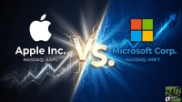 A dynamic graphic illustrating a competition between Apple Inc. and Microsoft Corp., divided by a glowing 'VS.' symbol and a jagged lightning bolt. The left side features Apple's white logo and 'Apple Inc. NASDAQ: AAPL' on a dark, slightly textured background with an upward-trending white stock chart. The right side displays Microsoft's colorful four-square logo and 'Microsoft Corp. NASDAQ: MSFT' on a bright blue, circuit-patterned background with an upward-trending blue stock chart. A '24/7 WALL ST' logo appears in the bottom right corner.