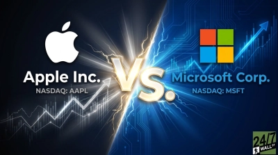 A dynamic graphic illustrating a competition between Apple Inc. and Microsoft Corp., divided by a glowing 'VS.' symbol and a jagged lightning bolt. The left side features Apple's white logo and 'Apple Inc. NASDAQ: AAPL' on a dark, slightly textured background with an upward-trending white stock chart. The right side displays Microsoft's colorful four-square logo and 'Microsoft Corp. NASDAQ: MSFT' on a bright blue, circuit-patterned background with an upward-trending blue stock chart. A '24/7 WALL ST' logo appears in the bottom right corner.