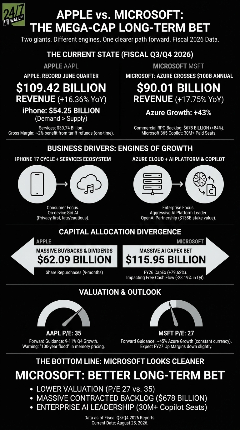 An infographic titled 'Apple vs. Microsoft: The Mega-Cap Long-Term Bet' on a black background with white text. It presents a side-by-side comparison of Apple (AAPL) and Microsoft (MSFT) data for Fiscal Q3/Q4 2026. The 'Current State' section shows Apple's revenue at $109.42 Billion (+16.36% YoY) and Microsoft's revenue at $90.01 Billion (+17.75% YoY). The 'Business Drivers' section depicts Apple's iPhone 17 cycle + services ecosystem and Microsoft's Azure Cloud + AI Platform & Copilot. 'Capital Allocation Divergence' shows Apple with Massive Buybacks & Dividends of $62.09 Billion and Microsoft with Massive AI CapEx Bet of $115.95 Billion. 'Valuation & Outlook' displays Apple's P/E 35 and Microsoft's P/E 27. The bottom line declares 'Microsoft: Better Long-Term Bet' supported by bullet points.