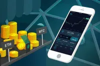 A digital illustration shows a collection of golden cryptocurrency coins, including stacks labeled 'ETH' and 'BTC', on a dark platform against a blue, geometric background. To the right, a white smartphone displays a dark interface of a cryptocurrency trading app, showing a green line graph indicating a rising Bitcoin price and a 'BUY' button with the value '3 964,02'.