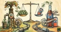 A conceptual illustration of a balance scale comparing an oil derrick gushing cash (CVX) with a soda bottle (PEP), labeled with their respective dividend streaks of 39 and 54 years.