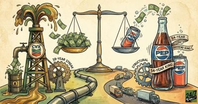 A conceptual illustration of a balance scale comparing an oil derrick gushing cash (CVX) with a soda bottle (PEP), labeled with their respective dividend streaks of 39 and 54 years.