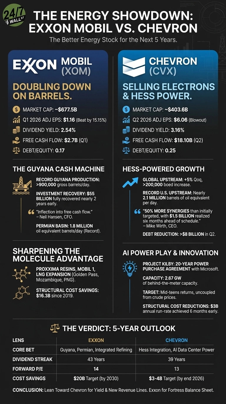 An infographic titled 'The Energy Showdown: Exxon Mobil VS. Chevron' compares the two companies. It is divided into two main columns, blue for Exxon Mobil (XOM) and light blue for Chevron (CVX), with a concluding table at the bottom. Each column details financial metrics like market cap, Q1 2026 or Q2 2026 adjusted EPS, dividend yield, free cash flow, and debt/equity. Operational sections for Exxon include 'The Guyana Cash Machine' and 'Sharpening the Molecule Advantage,' while Chevron features 'Hess-Powered Growth' and 'AI Power Play & Innovation.' The bottom table, 'The Verdict: 5-Year Outlook,' compares core bets, dividend streaks, forward P/E, and cost savings, followed by a conclusion highlighting strengths for each company.