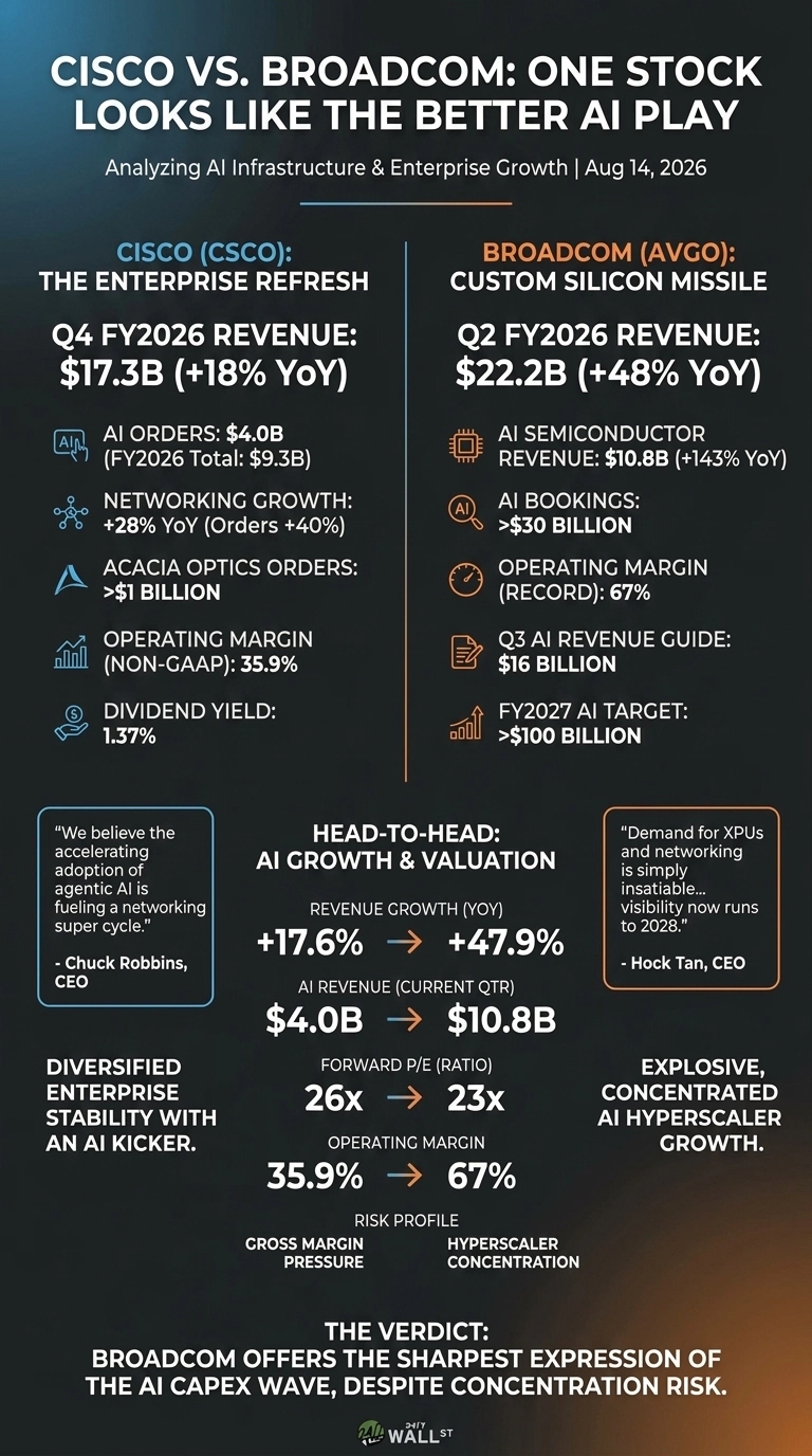 An infographic titled 'Cisco vs. Broadcom: One Stock Looks Like the Better AI Play' analyzing AI Infrastructure & Enterprise Growth as of August 14, 2026. The infographic is divided into two main columns, with Cisco (CSCO) presented in blue on the left and Broadcom (AVGO) in orange on the right. Below these, a 'Head-to-Head' section compares metrics side-by-side, and a 'Verdict' section is at the bottom. The Cisco section details: Q4 FY2026 Revenue of $17.3B (+18% YoY), AI Orders $4.0B (FY2026 Total: $9.3B), Networking Growth +28% YoY (Orders +40%), Acacia Optics Orders >$1 Billion, Operating Margin (Non-GAAP) 35.9%, and Dividend Yield 1.37%. It includes a quote from Chuck Robbins, CEO, stating, 'We believe the accelerating adoption of agentic AI is fueling a networking super cycle.' The Broadcom section details: Q2 FY2026 Revenue of $22.2B (+48% YoY), AI Semiconductor Revenue $10.8B (+143% YoY), AI Bookings >$30 Billion, Operating Margin (RECORD) 67%, Q3 AI Revenue Guide $16 Billion, and FY2027 AI Target >$100 Billion. It includes a quote from Hock Tan, CEO, stating, 'Demand for XPUs and networking is simply insatiable... visibility now runs to 2028.' The 'Head-to-Head: AI Growth & Valuation' section compares: Revenue Growth (YoY) Cisco +17.6% vs Broadcom +47.9%; AI Revenue (Current Qtr) Cisco $4.0B vs Broadcom $10.8B; Forward P/E (Ratio) Cisco 26x vs Broadcom 23x; Operating Margin Cisco 35.9% vs Broadcom 67%. Risk profiles are described as Cisco having 'Gross Margin Pressure' and Broadcom having 'Hyperscaler Concentration'. The infographic's verdict is: 'Broadcom offers the sharpest expression of the AI capex wave, despite concentration risk.'