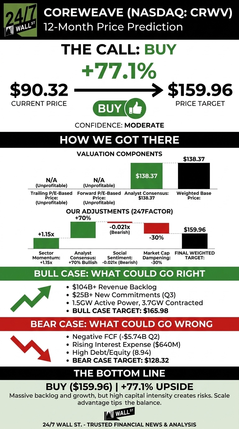 An infographic titled 'COREWEAVE (NASDAQ: CRWV) 12-Month Price Prediction'. It shows 'THE CALL: BUY' with a current price of $90.32, an arrow pointing to a price target of $159.96, indicating a +77.1% upside, with moderate confidence. A section 'HOW WE GOT THERE' displays 'VALUATION COMPONENTS' including bars for Trailing P/E (N/A Unprofitable), Forward P/E (N/A Unprofitable), Analyst Consensus ($138.37), and Weighted Base Price ($138.37). 'OUR ADJUSTMENTS (247FACTOR)' shows bars for Sector Momentum (+1.15x), Analyst Consensus (+70% Bullish), Social Sentiment (-0.021x Bearish), Market Cap Dampening (-30%), and the FINAL WEIGHTED TARGET of $159.96. The 'BULL CASE: WHAT COULD GO RIGHT' lists four points: '$104B+ Revenue Backlog', '$25B+ New Commitments (Q3)', '1.5GW Active Power, 3.7GW Contracted', and 'BULL CASE TARGET: $165.98'. The 'BEAR CASE: WHAT COULD GO WRONG' lists four points: 'Negative FCF (-$5.74B Q2)', 'Rising Interest Expense ($640M)', 'High Debt/Equity (8.94)', and 'BEAR CASE TARGET: $128.32'. The 'THE BOTTOM LINE' section states 'BUY ($159.96) | +77.1% UPSIDE' with a concluding statement about balancing growth with capital intensity.