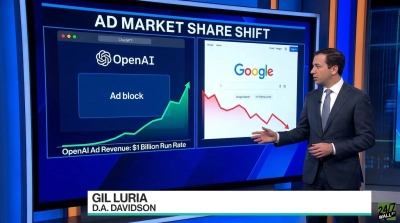 A financial analyst, Gil Luria of D.A. Davidson, in a suit, stands beside a large screen displaying 'AD MARKET SHARE SHIFT.' The left panel shows OpenAI's logo and 'Ad block' with a green upward graph marked 'OpenAI Ad Revenue: $1 Billion Run Rate.' The right panel shows the Google search homepage with a red downward graph, symbolizing market share decline. A lower third banner identifies Gil Luria and D.A. Davidson.