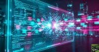 High-contrast 'visual vibration' using cyan and magenta creates a sense of digital urgency and high-stakes protection, characteristic of the cybersecurity sector.
