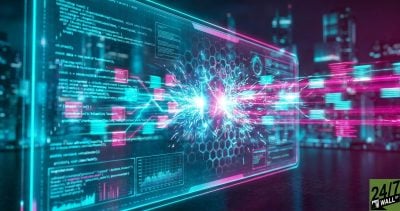 High-contrast 'visual vibration' using cyan and magenta creates a sense of digital urgency and high-stakes protection, characteristic of the cybersecurity sector.