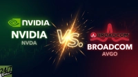 A striking graphic contrasting NVIDIA and Broadcom. On the left, NVIDIA's logo and name appear in white against a dark green, market-chart background. On the right, Broadcom's logo and name are displayed in white against a dark red, market-chart background. A brilliant, golden 'Vs.' surrounded by sparks and light is positioned centrally between the two companies. The '24/7 WALL ST' logo is visible in the bottom left corner.