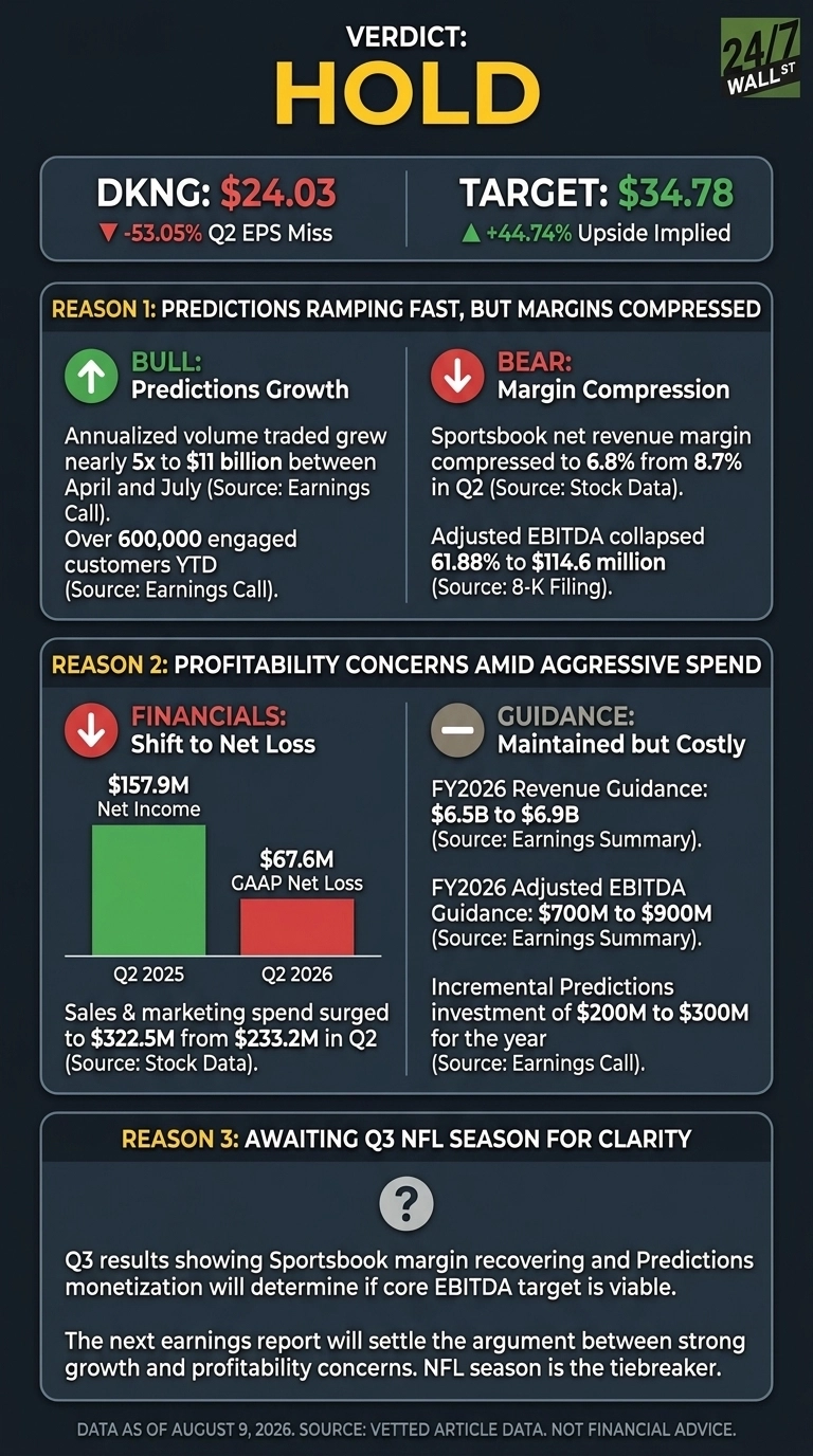 An infographic titled 'VERDICT: HOLD' for DraftKings (DKNG). It shows DKNG's current price at $24.03, with a -53.05% Q2 EPS Miss, and a target price of $34.78, implying a +44.74% upside. The infographic lists three main reasons for the hold rating. Reason 1: 'Predictions Ramping Fast, But Margins Compressed', with a green up arrow indicating 'BULL: Predictions Growth' (e.g., annualized volume traded grew to $11 billion) and a red down arrow indicating 'BEAR: Margin Compression' (e.g., sportsbook net revenue margin compressed to 6.8%, adjusted EBITDA collapsed 61.88% to $114.6 million). Reason 2: 'Profitability Concerns Amid Aggressive Spend', showing a red down arrow for 'FINANCIALS: Shift to Net Loss' with a bar chart displaying $157.9M Net Income for Q2 2025 (green bar) and $67.6M GAAP Net Loss for Q2 2026 (red bar), and a grey dash for 'GUIDANCE: Maintained but Costly' (e.g., FY2026 Revenue Guidance $6.5B to $6.9B, FY2026 Adjusted EBITDA Guidance $700M to $900M). Reason 3: 'Awaiting Q3 NFL Season for Clarity', with a question mark icon, stating that Q3 results will determine core EBITDA target viability and that the NFL season is the tiebreaker. The bottom of the infographic states 'DATA AS OF AUGUST 9, 2026'.