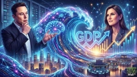 An illustrative image features Elon Musk on the left, looking contemplatively, with his hand near a glowing digital brain. On the right is a woman resembling Cathie Wood, smiling and looking upward, set against a background of upward-trending bar graphs and the glowing letters 'GDP' with an arrow. A dynamic wave of blue and purple digital lines and binary code flows between them, engulfing a stylized cityscape and modern trading floors below. The overall composition suggests technological advancement and economic growth.