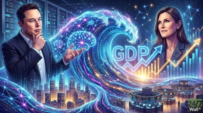 An illustrative image features Elon Musk on the left, looking contemplatively, with his hand near a glowing digital brain. On the right is a woman resembling Cathie Wood, smiling and looking upward, set against a background of upward-trending bar graphs and the glowing letters 'GDP' with an arrow. A dynamic wave of blue and purple digital lines and binary code flows between them, engulfing a stylized cityscape and modern trading floors below. The overall composition suggests technological advancement and economic growth.