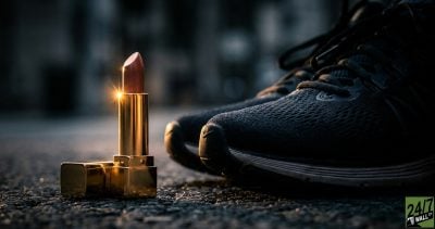 The stark texture contrast between the shimmering gold of luxury cosmetics and the technical fabric of a sneaker creates immediate visual friction, signaling the 'divergence' mentioned in the article without using words.