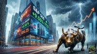 A bronze statue of the Charging Bull on a cobblestone street corner in a bustling city. Behind it, a large digital billboard on a modern skyscraper displays financial data, including 'S&P 500 +9.55% YTD' and 'WTI CRUDE +9.55% $84.25', along with digital world maps and server racks. In the background, a dramatic, stormy sky with lightning highlights a transparent overlay of a financial chart showing an upward-sloping orange line and blue bar graphs. Car light trails blur along the street, and other tall buildings line the urban landscape. The '24/7 WALL ST' logo is visible in the bottom right.