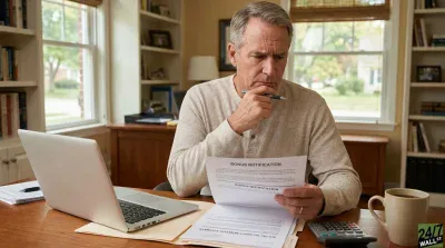 A serious-looking older man with gray hair sits at a wooden desk in a home office, holding a pen to his chin and intently reading a document titled 'BONUS NOTIFICATION.' To his left, a silver laptop is open, and a stack of papers, including one marked 'SOCIAL SECURITY BENEFIT ESTIMATE,' is visible. A calculator and a beige coffee mug are on his right. The background shows bookshelves and a window looking out onto a street.