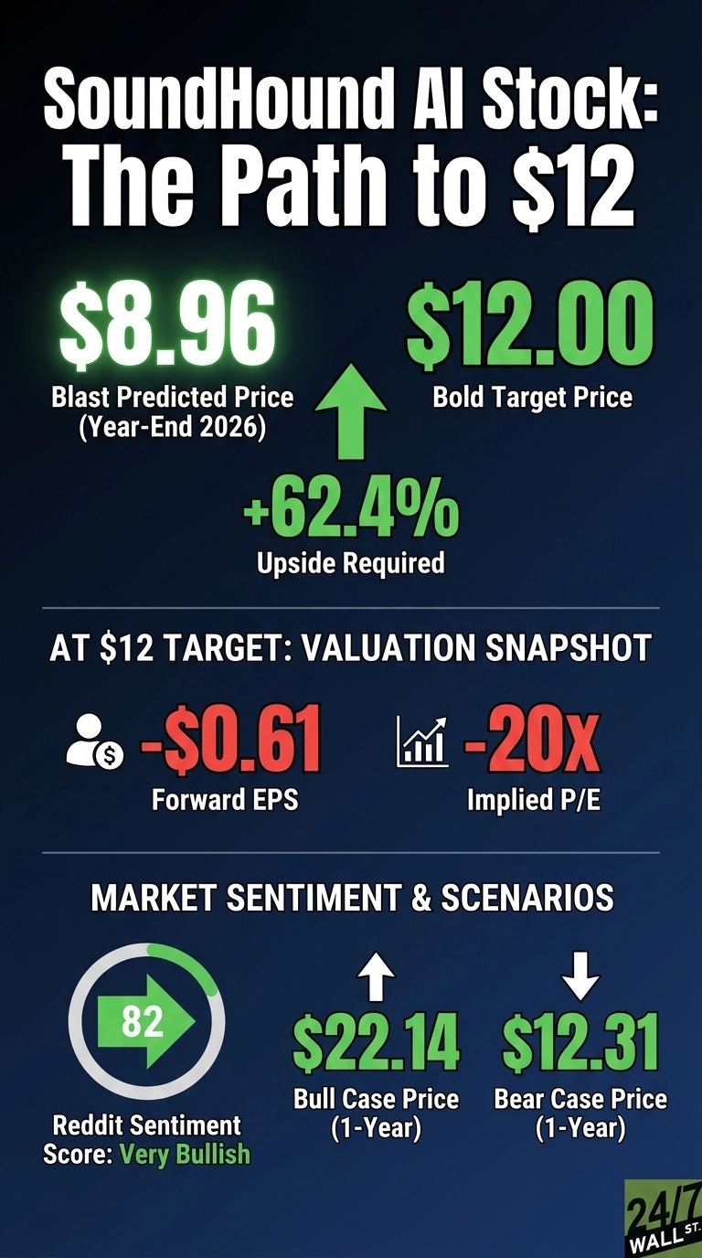 An infographic titled 'SoundHound AI Stock: The Path to $12' on a dark blue background. It shows a Blast Predicted Price (Year-End 2026) of $8.96 in green, leading to a Bold Target Price of $12.00 in green, indicated by a large green upward arrow. Below this, '+62.4% Upside Required' is displayed. A section titled 'AT $12 TARGET: VALUATION SNAPSHOT' shows Forward EPS as -$0.61 in red next to a person with a dollar sign icon, and Implied P/E as -20x in red next to a bar chart icon. Another section, 'MARKET SENTIMENT & SCENARIOS', features a circular gauge showing a Reddit Sentiment Score of 82, labeled 'Very Bullish'. To the right, a green upward arrow points to a Bull Case Price (1-Year) of $22.14, and a green downward arrow points to a Bear Case Price (1-Year) of $12.31. The bottom right corner has a '24/7 WALL ST.' logo.
