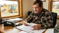 A man with short brown hair and a plaid shirt sits at a wooden desk, holding and looking at white papers. On the desk are a black landline phone, a black pen holder, and stacks of documents. Through the window in the background, a large yellow backhoe is parked in a field under a cloudy sky.