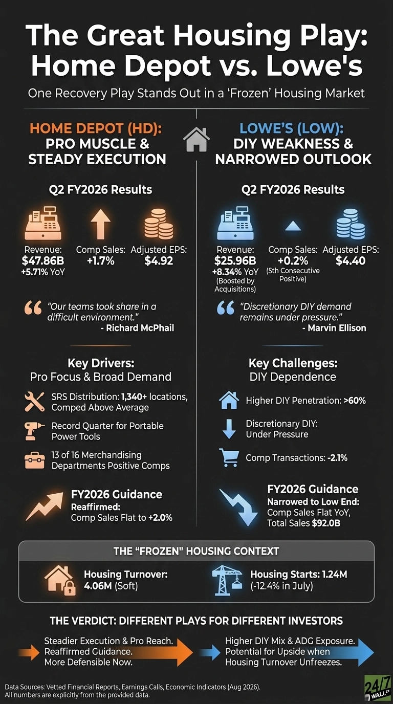 An infographic titled 'The Great Housing Play: Home Depot vs. Lowe's' visually compares the two companies. It details Home Depot's Q2 FY2026 results with $47.86B Revenue, +1.7% Comp Sales, and $4.92 Adjusted EPS, noting 'Pro Muscle & Steady Execution' and reaffirmed guidance. Lowe's Q2 FY2026 results show $25.96B Revenue, +0.2% Comp Sales, and $4.40 Adjusted EPS, described as 'DIY Weakness & Narrowed Outlook' with guidance narrowed to the low end. Both sections include key drivers/challenges and quotes from executives. A 'Frozen' Housing Context box indicates 4.06M Housing Turnover and 1.24M Housing Starts. The verdict suggests Home Depot for steadier execution and Lowe's for upside potential when housing turnover unfreezes, depicted with arrows.