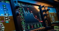 High-tech avionics displays are the heart of Honeywell's identity. Contrasting the sophistication of the glass cockpit with a sharp downward technical trend line creates a powerful visual metaphor for a premier tech company facing a sudden market reality without using clickbait tropes.