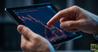 The use of a high-tech tablet displaying the specific 'WMT' ticker with a downward candlestick chart provides immediate financial context, while the tactile interaction of a human hand creates a sense of urgency and direct impact.