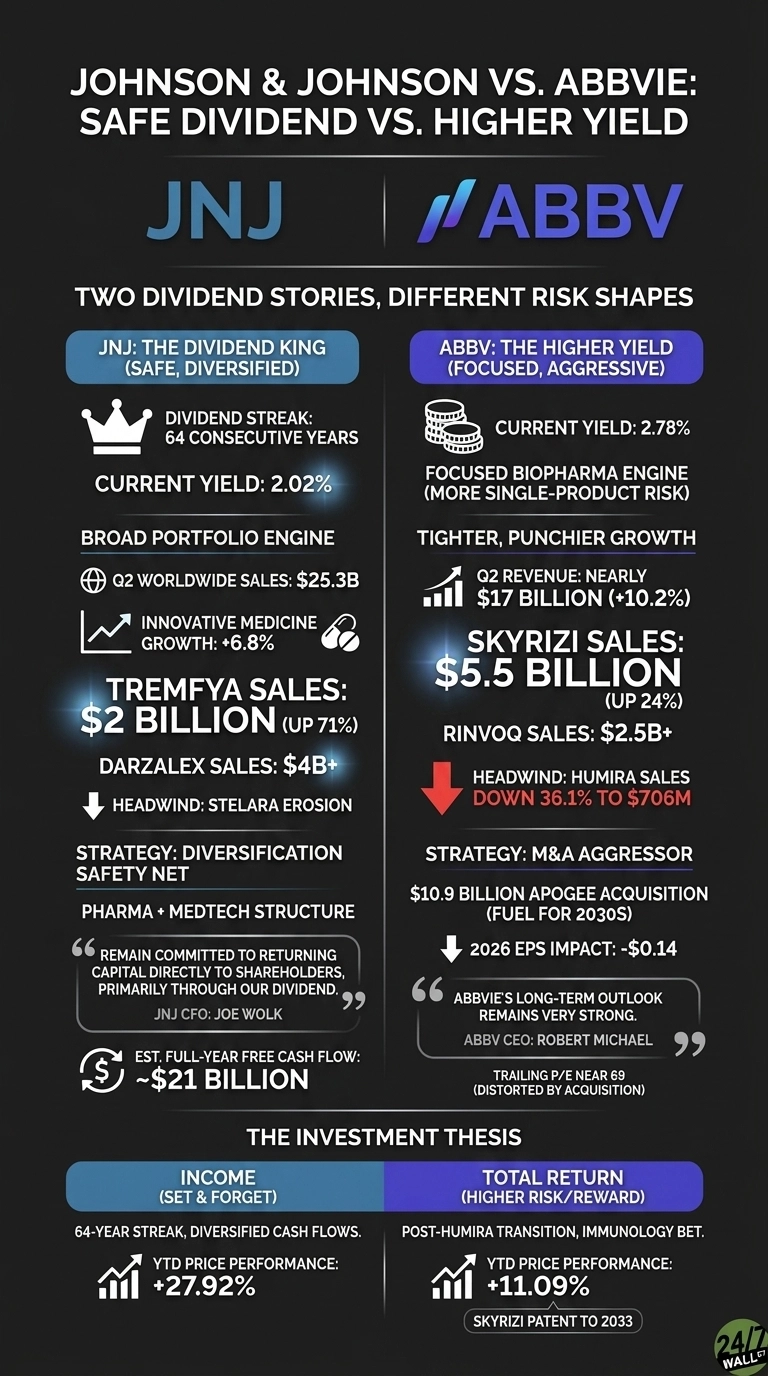 An infographic titled 'JOHNSON & JOHNSON VS. ABBVIE: SAFE DIVIDEND VS. HIGHER YIELD' on a dark background. It is divided into two main columns for JNJ and ABBV, and a bottom section for investment thesis. The JNJ column, in blue, highlights 'THE DIVIDEND KING (SAFE, DIVERSIFIED)' with a 64-consecutive-year dividend streak, 2.02% current yield, Q2 worldwide sales of $25.3B, innovative medicine growth of +6.8%, Tremfya sales of $2 Billion (UP 71%), Darzalex sales of $4B+, and a headwind of Stelara erosion. Its strategy is 'Diversification Safety Net' with 'Pharma + Medtech Structure'. A quote from JNJ CFO Joe Wolk states 'Remain committed to returning capital directly to shareholders, primarily through our dividend.' Estimated full-year free cash flow is ~$21 Billion. The ABBV column, in purple, highlights 'THE HIGHER YIELD (FOCUSED, AGGRESSIVE)' with a 2.78% current yield, focused biopharma engine (more single-product risk), Q2 revenue of nearly $17 Billion (+10.2%), Skyrizi sales of $5.5 Billion (UP 24%), Rinvoq sales of $2.5B+, and a headwind of Humira sales DOWN 36.1% TO $706M. Its strategy is 'M&A Aggressor', referencing a $10.9 Billion Apogee acquisition (fuel for 2030s) and a 2026 EPS impact of -$0.14. A quote from ABBV CEO Robert Michael states 'AbbVie's long-term outlook remains very strong.' It notes a trailing P/E near 69 (distorted by acquisition). The bottom section, 'THE INVESTMENT THESIS', compares JNJ's 'Income (Set & Forget)' with its 64-year streak, diversified cash flows, and YTD price performance of +27.92%, against ABBV's 'Total Return (Higher Risk/Reward)' with its post-Humira transition, immunology bet, YTD price performance of +11.09%, and Skyrizi patent to 2033.