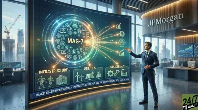 A man in a dark suit stands in a modern office, pointing to a large curved digital screen. The screen displays a glowing circular diagram with 'MAG-7' at its center, connected by lines to icons representing infrastructure (power lines, buildings), utilities (wind turbines, solar panels), and industrials (gears, factory). The text on the screen reads 'MARKET LEADERSHIP BROADENS: AI CAPITAL EXPENDITURE FUELS SECTOR GROWTH BEYOND TECH - AUG 26, 2026'. In the background, through large windows, a city skyline with construction cranes and the JPMorgan logo on a textured wall are visible. Desks with multiple monitors are also seen in the office.