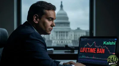 A man resembling George Santos in a dark suit sits at a desk, looking intently at a laptop screen. The screen shows a financial trading chart with red and green lines, prominently displaying 'Kalshi' in green and 'LIFETIME BAN' in red text. The U.S. Capitol building is visible out of focus through a large window behind him, under a cloudy sky.