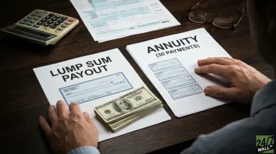 Overhead view of a person's hands resting on a dark wooden desk, considering two financial documents. The document on the left is titled 'LUMP SUM PAYOUT' and shows a mock check and a stack of US one-hundred dollar bills. The document on the right is titled 'ANNUITY (30 PAYMENTS)' and displays several mock checks. In the background, there's a calculator, eyeglasses, and tax forms, emphasizing financial decisions.