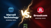 A graphic depicting 'Marvell Technology NASDAQ: MRVL' on a blue background with its M-chip logo on the left, facing 'Broadcom NASDAQ: AVGO' on a red background with its B-wave logo on the right. A large, glowing 'Vs.' with dynamic yellow lightning bolts is positioned in the center, symbolizing a direct confrontation. The '24/7 WALL ST' logo is visible at the bottom center.