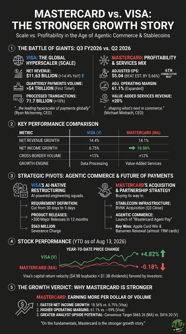 An infographic titled 'MASTERCARD vs. VISA: THE STRONGER GROWTH STORY' comparing the two payment giants. It is divided into five sections. Section 1, 'THE BATTLE OF GIANTS: Q3 FY2026 vs. Q2 2026', shows Visa's net revenue of $11.63 BILLION (+14.4% YoY), >$4 TRILLION quarterly payments volume, and 71.7 BILLION processed transactions. Mastercard's adjusted EPS is $5.04 (BEAT EST. BY 5.66%), adjusted operating margin is 61.1% (Expanded), and value-added services revenue grew +20%. Section 2, 'KEY PERFORMANCE COMPARISON', is a table showing Visa's net revenue growth at 14.4% and net income growth at 6.75%, while Mastercard has net revenue growth at 14.1% and net income growth at 18.56%. Visa's cross-border volume is +13% vs. Mastercard's +12%. Visa's growth engine is Data Processing, Mastercard's is Value-Added Services. Section 3, 'STRATEGIC PIVOTS: AGENTIC COMMERCE & FUTURE OF PAYMENTS', outlines Visa's AI-Native Restructuring and Mastercard's Acquisition & Partnership Strategy, including BVNK Acquisition for stablecoin infrastructure and the launch of 'Mastercard Agent Pay'. Section 4, 'STOCK PERFORMANCE (YTD as of Aug 13, 2026)', displays a line graph showing Visa (V) stock performance at +4.82% (green line) and Mastercard (MA) at -0.18% (red line). Section 5, 'THE GROWTH VERDICT: WHY MASTERCARD IS STRONGER', lists reasons like faster net income growth (18.56% vs. 6.75% Visa), higher operating margins (61.1% vs. ~59% Visa), and greater analyst upside potential (Consensus Target $665.26 MA vs. $416.20 V).