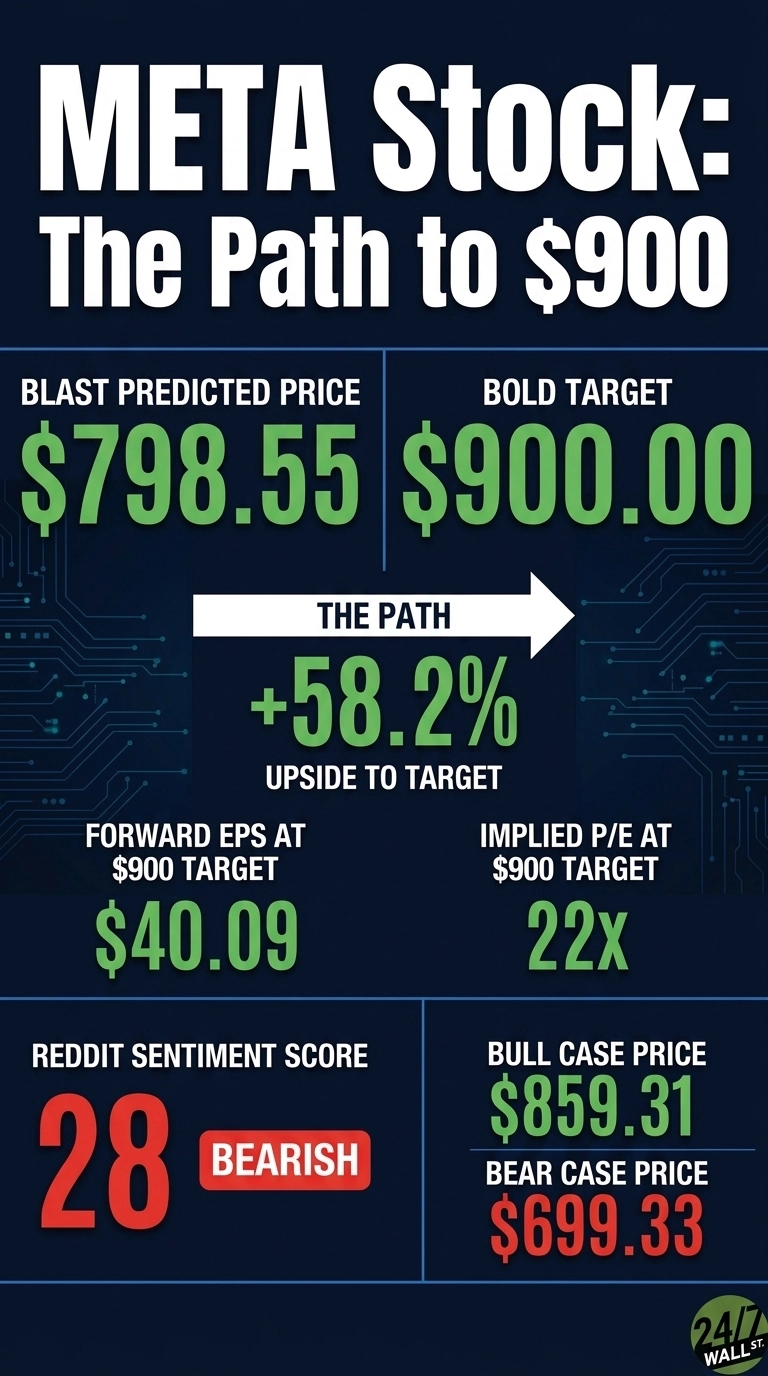 An infographic titled 'META Stock: The Path to $900' is displayed on a dark blue background with faint circuit board patterns. It presents financial data in a two-column layout. The left column shows 'BLAST PREDICTED PRICE' as $798.55. The right column shows 'BOLD TARGET' as $900.00. In the center, a white arrow labeled 'THE PATH' points right, with '+58.2% UPSIDE TO TARGET' underneath. Below this, 'FORWARD EPS AT $900 TARGET' is $40.09, and 'IMPLIED P/E AT $900 TARGET' is 22X. At the bottom left, 'REDDIT SENTIMENT SCORE' is 28, marked 'BEARISH' in a red box. At the bottom right, 'BULL CASE PRICE' is $859.31 and 'BEAR CASE PRICE' is $699.33. All target and positive financial figures are in green text, while bearish indicators and bear case prices are in red text.