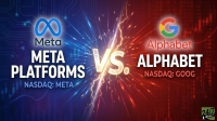 A split image representing Meta Platforms and Alphabet. The left side, in blue tones, shows the Meta logo, 'Meta Platforms', and 'NASDAQ: META' with a background of circuit board lines and upward-trending stock charts. The right side, in red tones, displays the Google 'G' logo, 'Alphabet', and 'NASDAQ: GOOG' against a background of digital data streams and downward-trending stock charts. A bright, glowing 'VS.' symbol with lightning strikes separates the two sides in the center. The '24/7 WALL ST' logo is in the bottom right corner.