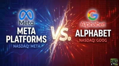 A split image representing Meta Platforms and Alphabet. The left side, in blue tones, shows the Meta logo, 'Meta Platforms', and 'NASDAQ: META' with a background of circuit board lines and upward-trending stock charts. The right side, in red tones, displays the Google 'G' logo, 'Alphabet', and 'NASDAQ: GOOG' against a background of digital data streams and downward-trending stock charts. A bright, glowing 'VS.' symbol with lightning strikes separates the two sides in the center. The '24/7 WALL ST' logo is in the bottom right corner.