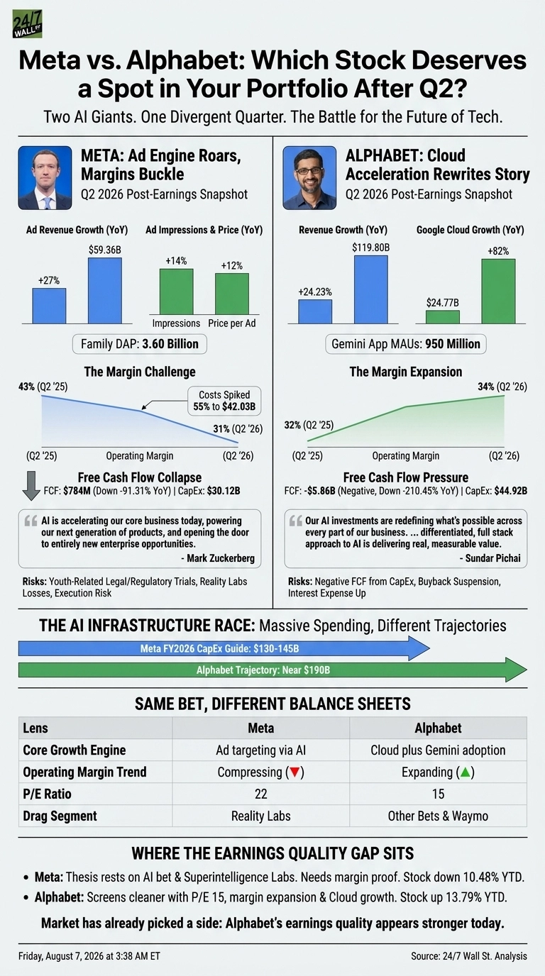 An infographic titled 'Meta vs. Alphabet: Which Stock Deserves a Spot in Your Portfolio After Q2?'. It features two main columns comparing Meta and Alphabet's Q2 2026 post-earnings snapshots. The Meta column displays Ad Revenue Growth (+27% to $59.36B) and Ad Impressions (+14%) & Price per Ad (+12%) in bar charts, notes Family DAP at 3.60 Billion, and shows 'The Margin Challenge' with operating margin decreasing from 43% (Q2 '25) to 31% (Q2 '26) as costs spiked 55% to $42.03B. It details Free Cash Flow Collapse to $784M (Down -91.31% YoY) with CapEx at $30.12B. A quote from Mark Zuckerberg and associated risks are listed. The Alphabet column presents Revenue Growth (+24.23% to $119.80B) and Google Cloud Growth (+82% to $24.77B) in bar charts, notes Gemini App MAUs at 950 Million, and illustrates 'The Margin Expansion' with operating margin increasing from 32% (Q2 '25) to 34% (Q2 '26). It details Free Cash Flow Pressure at -$5.86B (Negative, Down -210.45% YoY) with CapEx at $44.92B. A quote from Sundar Pichai and associated risks are listed. Below these sections, a horizontal bar chart shows 'The AI Infrastructure Race' with Meta's FY2026 CapEx Guide at $130-145B and Alphabet's Trajectory Near $190B. A table titled 'Same Bet, Different Balance Sheets' compares Meta and Alphabet across Core Growth Engine, Operating Margin Trend (Meta: Compressing, Alphabet: Expanding), P/E Ratio (Meta: 22, Alphabet: 15), and Drag Segment. The infographic concludes with 'Where The Earnings Quality Gap Sits', stating Meta's stock is down 10.48% YTD and Alphabet's is up 13.79% YTD, and notes the market has picked Alphabet. The source is 24/7 Wall St. Analysis, dated Friday, August 7, 2026 at 3:38 AM ET.