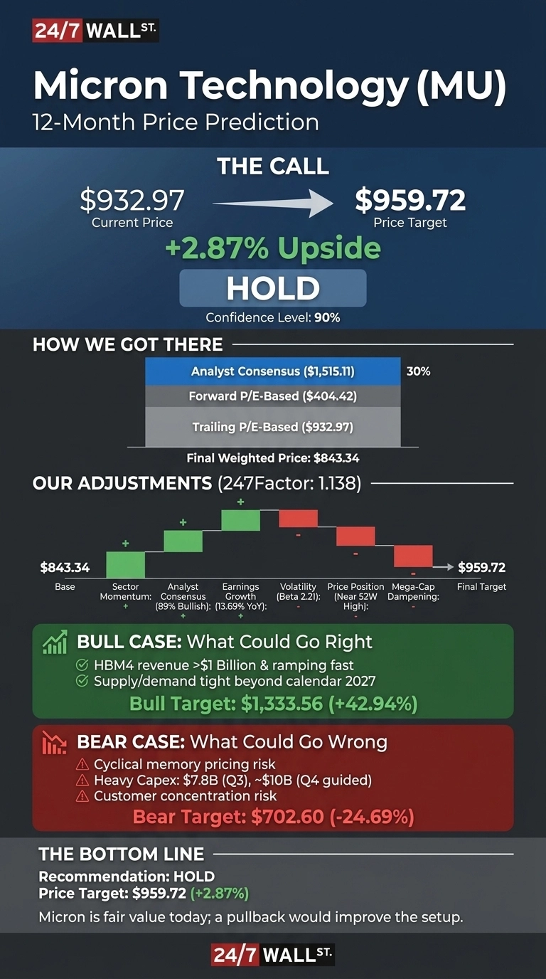An infographic titled 'Micron Technology (MU) 12-Month Price Prediction' with a dark blue background. The top section, 'THE CALL', shows the Current Price of $932.97 with an arrow pointing to a Price Target of $959.72, indicating a +2.87% Upside. The recommendation is 'HOLD' with a Confidence Level of 90%. The next section, 'HOW WE GOT THERE', presents a bar chart with Analyst Consensus ($1,515.11) at 30%, Forward P/E-Based ($404.42), and Trailing P/E-Based ($932.97), leading to a Final Weighted Price of $843.34. Below this, 'OUR ADJUSTMENTS (247Factor: 1.138)' is shown as a waterfall chart starting at Base $843.34, with positive adjustments for Sector Momentum, Analyst Consensus (89% Bullish) (13.69% YoY), and Earnings Growth, and negative adjustments for Volatility (Beta 2.21), Price Position (Near 52W High), and Mega-Cap Dampening, resulting in a Final Target of $959.72. The 'BULL CASE: What Could Go Right' section lists HBM4 revenue >$1 Billion & ramping fast and Supply/demand tight beyond calendar 2027, with a Bull Target of $1,333.56 (+42.94%). The 'BEAR CASE: What Could Go Wrong' section lists Cyclical memory pricing risk, Heavy Capex: $7.8B (Q3), ~$10B (Q4 guided), and Customer concentration risk, with a Bear Target of $702.60 (-24.69%). The 'THE BOTTOM LINE' reiterates the Recommendation: HOLD, Price Target: $959.72 (+2.87%), and states 'Micron is fair value today; a pullback would improve the setup.' The 24/7 Wall St. logo is at the bottom.