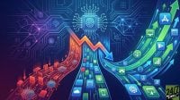A digital conceptual graphic showing a downward-trending data line intersecting with upward-moving green growth arrows against a background of glowing blue circuit paths and AI icons.