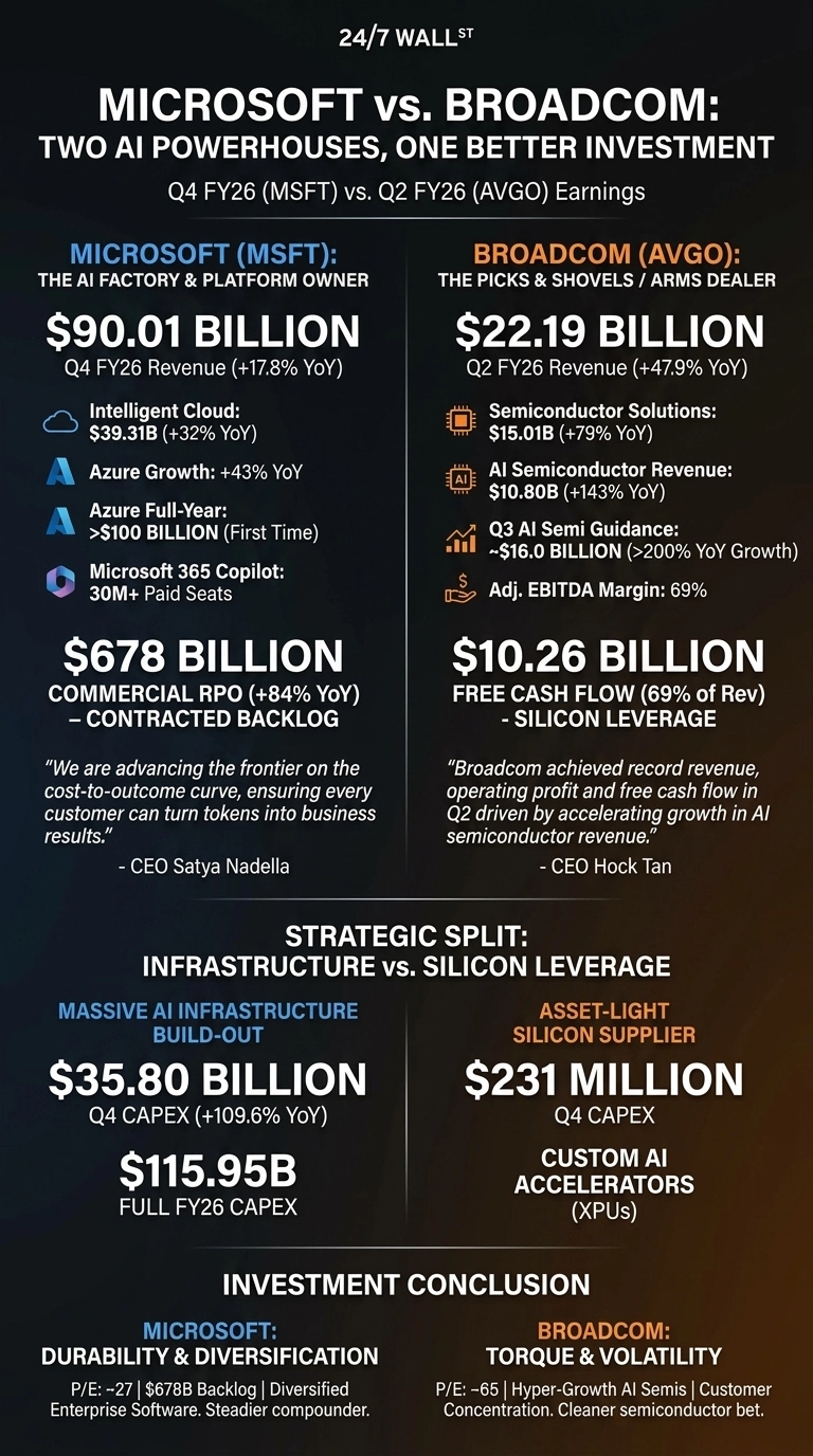 An infographic titled 'Microsoft vs. Broadcom: Two AI Powerhouses, One Better Investment', comparing Q4 FY26 (MSFT) vs. Q2 FY26 (AVGO) Earnings. The graphic is divided into two main columns on a dark background. The left column, for Microsoft (MSFT), lists Q4 FY26 Revenue of $90.01 Billion, Intelligent Cloud revenue of $39.31 Billion, Azure growth of +43% YoY, Azure Full-Year of >$100 Billion, Microsoft 365 Copilot with 30M+ Paid Seats, and Commercial RPO of $678 Billion. It also details 'Massive AI Infrastructure Build-Out' with Q4 CAPEX of $35.80 Billion and Full FY26 CAPEX of $115.95 Billion. The investment conclusion for Microsoft is 'Durability & Diversification'. The right column, for Broadcom (AVGO), lists Q2 FY26 Revenue of $22.19 Billion, Semiconductor Solutions of $15.01 Billion, AI Semiconductor Revenue of $10.80 Billion, Q3 AI Semi Guidance of ~$16.0 Billion, and Free Cash Flow of $10.26 Billion. It highlights an 'Asset-Light Silicon Supplier' strategy with Q4 CAPEX of $231 Million and Custom AI Accelerators (XPUs). The investment conclusion for Broadcom is 'Torque & Volatility'. Each section includes CEO quotes.
