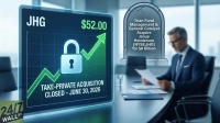 A digital stock chart display on a glowing screen shows 'JHG' and '$52.00' in green, with a prominent upward-trending green arrow and a large white lock icon. Text below reads 'TAKE-PRIVATE ACQUISITION CLOSED - JUNE 30, 2026'. To the right, a tombstone-shaped graphic announces 'Trian Fund Management & General Catalyst Acquire Janus Henderson (NYSE:JHG) for $8 Billion'. In the blurred background, a businessman in a suit is seated at a desk, looking at documents. A '24/7 WALL ST.' logo is visible in the bottom left corner.