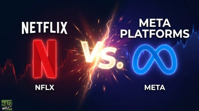 A graphic depicting a showdown between Netflix and Meta Platforms. On the left, the Netflix logo and 'NFLX' are in red against a red stock chart background. On the right, the Meta Platforms infinity logo and 'META' are in blue against a blue stock chart background. A bright white 'VS.' with lightning effects separates the two companies in the center. The top text reads 'NETFLIX' and 'META PLATFORMS'. The bottom left features the '24/7 WALL ST' logo.
