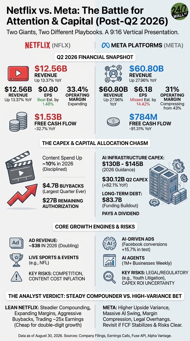 An infographic titled 'Netflix vs. Meta: The Battle for Attention & Capital (Post-Q2 2026)'. It presents a side-by-side comparison of Netflix and Meta Platforms across four main sections. The 'Q2 2026 Financial Snapshot' shows Netflix with $12.56B Revenue and $0.80 EPS, and Meta with $60.80B Revenue and $6.18 EPS. The 'Capex & Capital Allocation Chasm' section details Netflix's content spend and buybacks versus Meta's AI infrastructure CAPEX and long-term debt. The 'Core Growth Engines & Risks' section lists Netflix's ad revenue and live sports versus Meta's AI-driven ads and AI agents, alongside respective key risks. The 'Analyst Verdict' section describes Netflix as a 'Steady Compounder' and Meta as a 'High-Variance Bet'. Netflix data is highlighted in red, Meta data in blue, with associated icons for each data point.