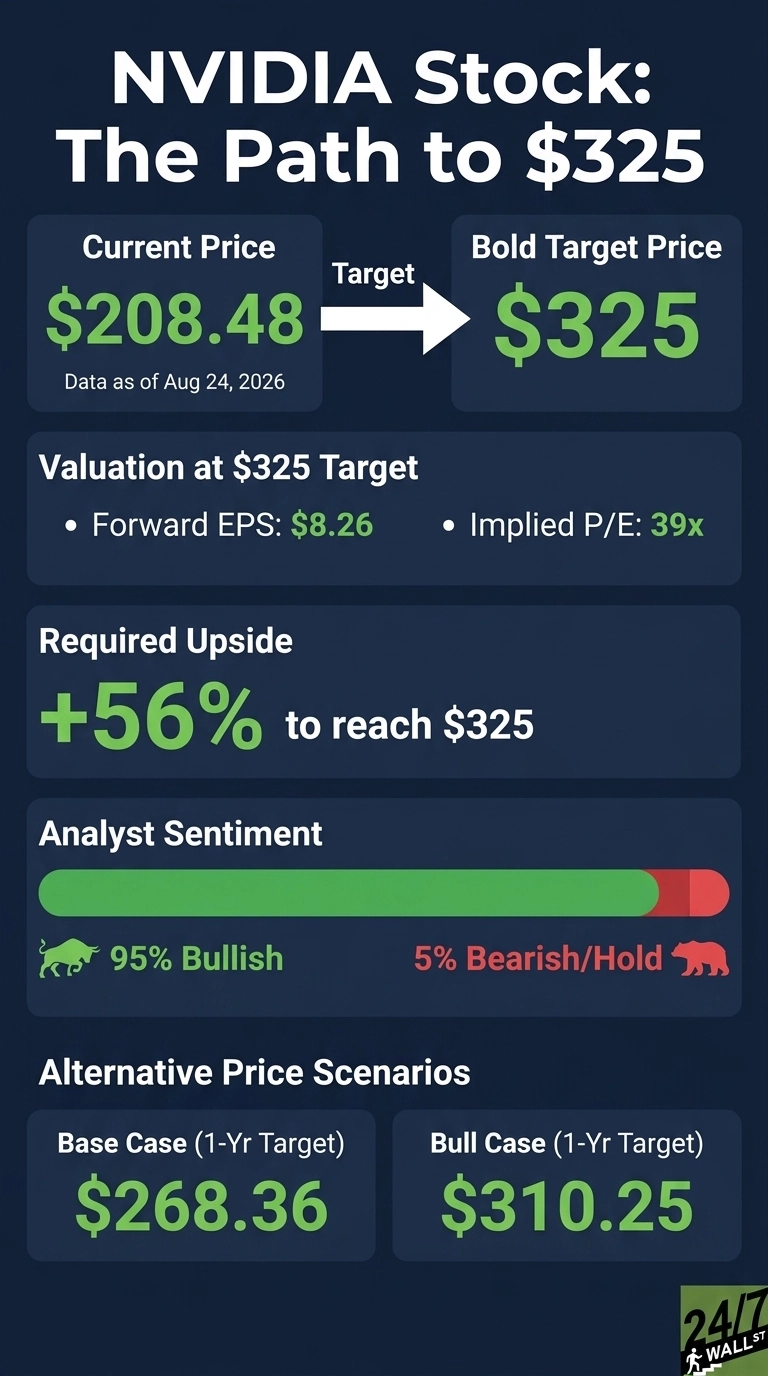 An infographic titled 'NVIDIA Stock: The Path to $325' on a dark blue background. It shows 'Current Price' of $208.48 (Data as of Aug 24, 2026) with an arrow pointing to a 'Bold Target Price' of $325. Below, 'Valuation at $325 Target' lists 'Forward EPS: $8.26' and 'Implied P/E: 39x'. 'Required Upside' is +56% to reach $325. 'Analyst Sentiment' is shown with a green bar for 95% Bullish and a small red bar for 5% Bearish/Hold. 'Alternative Price Scenarios (1-Yr Target)' include 'Base Case: $268.36' and 'Bull Case: $310.25'. The 24/7 WALL ST logo is at the bottom right.