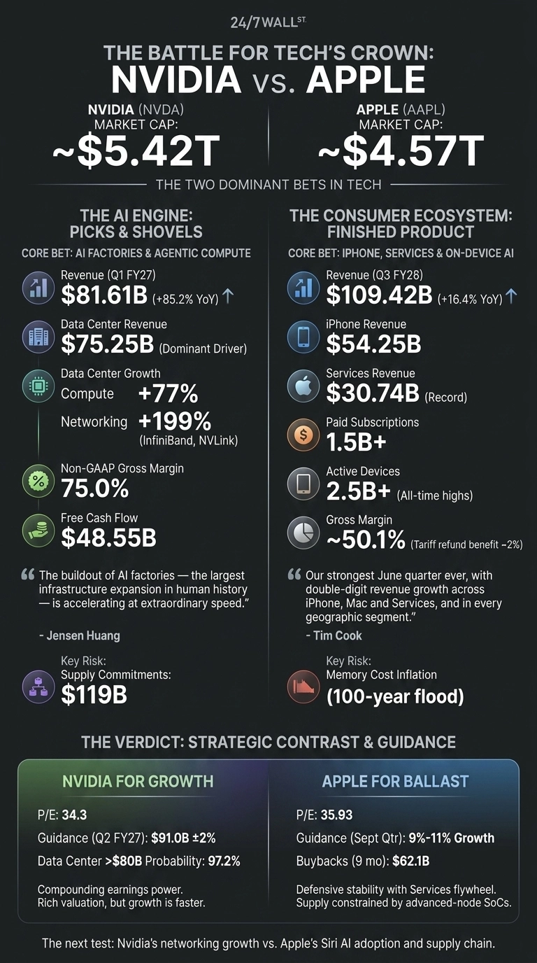 An infographic titled 'The Battle for Tech's Crown: NVIDIA vs. APPLE' on a dark background. The infographic is split into two main vertical sections. The left section, 'THE AI ENGINE: PICKS & SHOVELS' for Nvidia (NVDA), shows a market cap of ~$5.42T, Q1 FY27 Revenue of $81.61B (+85.2% YoY), Data Center Revenue of $75.25B, Data Center Growth of Compute +77% and Networking +199%, Non-GAAP Gross Margin of 75.0%, Free Cash Flow of $48.55B, a quote from Jensen Huang, and a Key Risk of $119B in Supply Commitments. The right section, 'THE CONSUMER ECOSYSTEM: FINISHED PRODUCT' for Apple (AAPL), shows a market cap of ~$4.57T, Q3 FY26 Revenue of $109.42B (+16.4% YoY), iPhone Revenue of $54.25B, Services Revenue of $30.74B (Record), 1.5B+ Paid Subscriptions, 2.5B+ Active Devices (All-time highs), Gross Margin of ~50.1%, a quote from Tim Cook, and a Key Risk of Memory Cost Inflation. Below these sections, a 'THE VERDICT: STRATEGIC CONTRAST & GUIDANCE' section compares Nvidia's P/E of 34.3, Q2 FY27 Guidance of $91.0B ±2%, and Data Center >$80B Probability of 97.2% with Apple's P/E of 35.93, Sept Qtr Guidance of 9%-11% Growth, and $62.1B (9 mo) in Buybacks. It concludes with strategic descriptions for both companies and notes 'The next test: Nvidia's networking growth vs. Apple's Siri AI adoption and supply chain.'