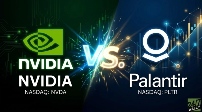 A split graphic comparing Nvidia and Palantir. The left half is green, featuring the Nvidia logo, the text 'NVIDIA NVIDIA', and 'NASDAQ: NVDA' against a backdrop of circuit board lines and stock charts. The right half is blue, displaying the Palantir logo, the text 'Palantir', and 'NASDAQ: PLTR' against a backdrop of connected data points and stock charts. A bright, glowing 'VS.' symbol is centered between the two sides.