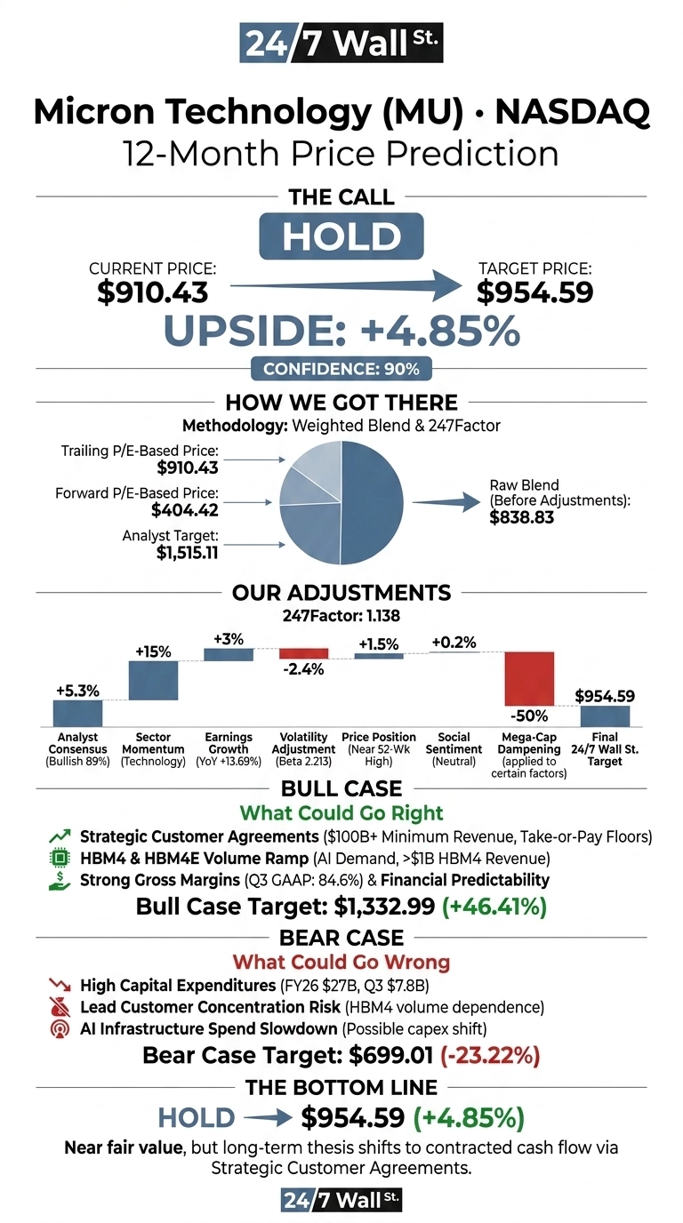 An infographic titled 'Micron Technology (MU) • NASDAQ 12-Month Price Prediction'. The main call is 'HOLD' with a current price of $910.43, a target price of $954.59, and an upside of +4.85% with 90% confidence. The 'How We Got There' section shows a methodology of 'Weighted Blend & 247Factor', displaying Trailing P/E-Based Price ($910.43), Forward P/E-Based Price ($404.42), and Analyst Target ($1,515.11) feeding into a pie chart. The raw blend before adjustments is $838.83. The 'Our Adjustments' section features a bar chart illustrating various factors with their percentage impact: Analyst Consensus (Bullish 89%) +5.3%, Sector Momentum (Technology) +15%, Earnings Growth (YoY +13.69%) +3%, Volatility Adjustment (Beta 2.213) -2.4%, Price Position (Near 52-Wk High) +1.5%, Social Sentiment (Neutral) +0.2%, Mega-Cap Dampening (applied to certain factors) -50%, leading to a Final 24/7 Wall St. Target of $954.59. The 247Factor is 1.138. The 'Bull Case' section lists 'Strategic Customer Agreements', 'HBM4 & HBM4E Volume Ramp', and 'Strong Gross Margins' with a target of $1,332.99 (+46.41%). The 'Bear Case' section lists 'High Capital Expenditures', 'Lead Customer Concentration Risk', and 'AI Infrastructure Spend Slowdown' with a target of $699.01 (-23.22%). The bottom line reiterates 'HOLD' $954.59 (+4.85%), noting near fair value but long-term thesis shifts to contracted cash flow via Strategic Customer Agreements.