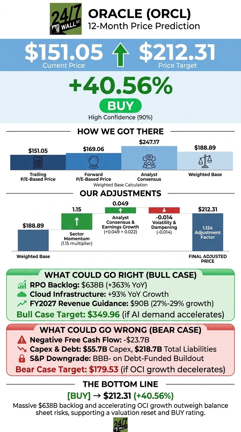 An infographic titled 'ORACLE (ORCL) 12-Month Price Prediction'. It displays the Current Price of $151.05 and a Price Target of $212.31, representing a +40.56% increase with a 'BUY' rating and 90% high confidence. The 'HOW WE GOT THERE' section shows a weighted base calculation from Trailing P/E-Based Price ($151.05), Forward P/E-Based Price ($169.06), and Analyst Consensus ($247.17), resulting in a Weighted Base of $188.89. The 'OUR ADJUSTMENTS' section illustrates how the Weighted Base of $188.89 is adjusted by Sector Momentum (1.15 multiplier), Analyst Consensus & Earnings Growth (0.049), and Volatility & Dampening (-0.014), applying a 1.124 Adjustment Factor to reach the Final Adjusted Price of $212.31. 'WHAT COULD GO RIGHT (BULL CASE)' lists RPO Backlog: $638B (+363% YoY), Cloud Infrastructure: +93% YoY Growth, and FY2027 Revenue Guidance: $90B (27%-29% growth), with a Bull Case Target of $349.96. 'WHAT COULD GO WRONG (BEAR CASE)' highlights Negative Free Cash Flow: -$23.7B, Capex & Debt: $55.7B Capex, $218.7B Total Liabilities, and S&P Downgrade: BBB-, with a Bear Case Target of $179.53. The 'THE BOTTOM LINE' concludes with a 'BUY' rating, a $212.31 price target, and a note that massive $638B backlog and accelerating OCI growth outweigh balance sheet risks.