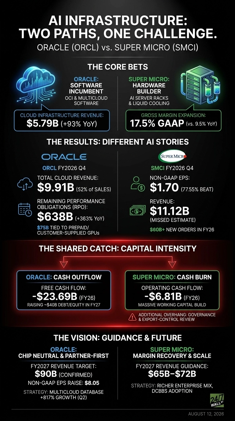 An infographic comparing Oracle (ORCL) and Super Micro (SMCI) in AI infrastructure. The top title reads 'AI INFRASTRUCTURE: TWO PATHS, ONE CHALLENGE. ORACLE (ORCL) vs. SUPER MICRO (SMCI)'. It is divided into four main sections: 'The Core Bets', 'The Results: Different AI Stories', 'The Shared Catch: Capital Intensity', and 'The Vision: Guidance & Future'. Each section presents data for Oracle on the left with blue elements and Super Micro on the right with green elements. 'The Core Bets' shows Oracle as a software incumbent with Cloud Infrastructure Revenue of $5.79B (+93% YoY), and Super Micro as a hardware builder with Gross Margin Expansion of 17.5% GAAP (vs. 9.5% YoY). 'The Results' section for FY2026 Q4 shows Oracle's Total Cloud Revenue at $9.91B and RPO at $638B, while Super Micro's Non-GAAP EPS is $1.70 and Revenue is $11.12B. 'The Shared Catch' highlights Oracle's Free Cash Flow of -$23.69B (FY26) and Super Micro's Operating Cash Flow of -$6.81B (FY26). 'The Vision' section details Oracle's FY2027 Revenue Target of $90B and Super Micro's FY2027 Revenue Guidance of $65B-$72B. The infographic also includes various icons representing cloud, servers, money, and calendars, with a 24/7 Wall St logo and date 'August 12, 2026' at the bottom.