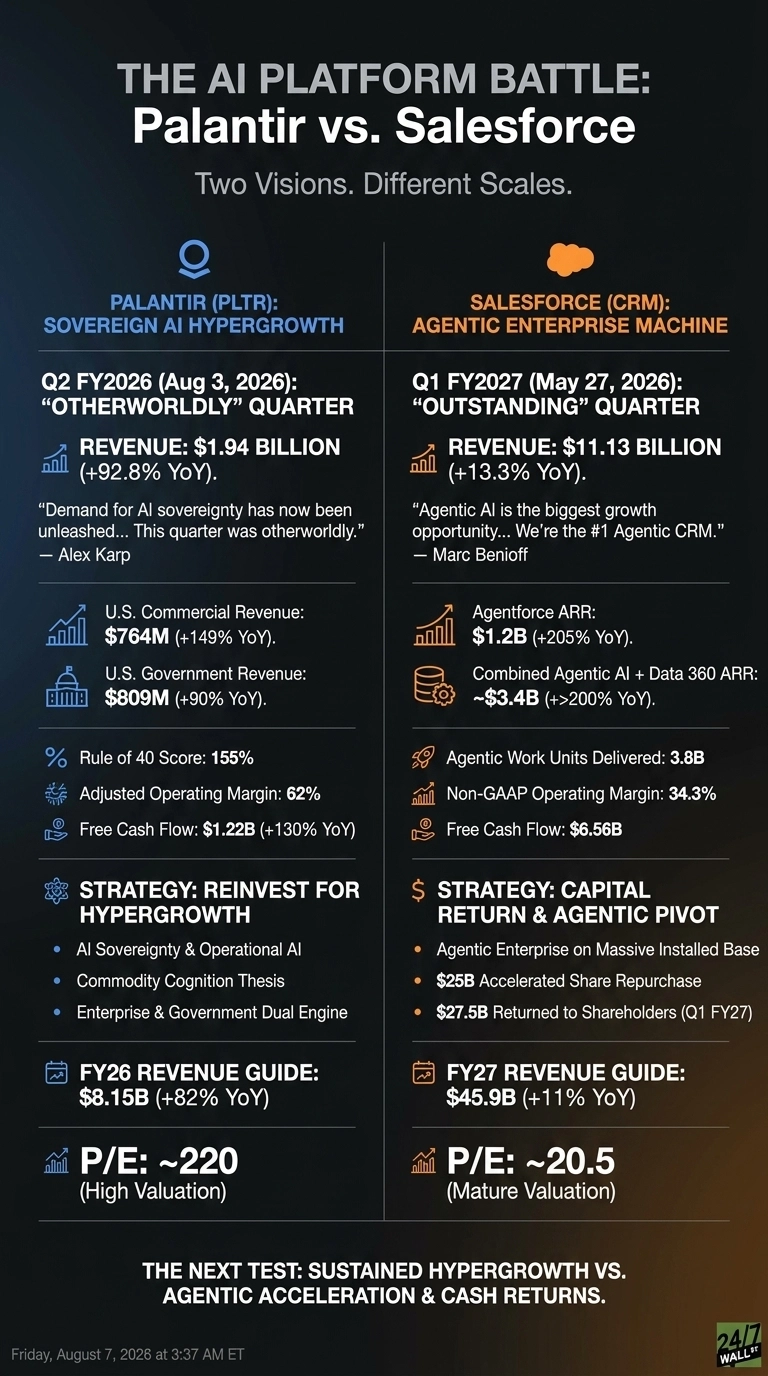 Infographic titled 'THE AI PLATFORM BATTLE: Palantir vs. Salesforce: Two Visions. Different Scales.' It features a split comparison between Palantir (PLTR) Sovereign AI Hypergrowth on the left and Salesforce (CRM) Agentic Enterprise Machine on the right. Each company's section details their recent quarter performance (Q2 FY2026 for Palantir, Q1 FY2027 for Salesforce), revenue figures including year-over-year growth, executive quotes, specific revenue breakdowns, financial metrics like Rule of 40 score, operating margin, and free cash flow, strategic bullet points, future revenue guides, and P/E ratios with valuation notes. The infographic concludes with a section titled 'THE NEXT TEST: SUSTAINED HYPERGROWTH VS. AGENTIC ACCELERATION & CASH RETURNS.'