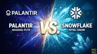 A split digital graphic comparing Palantir and Snowflake. On the left, against a dark blue background with circuit lines and an AI network symbol, are the white Palantir logo and text 'PALANTIR NASDAQ: PLTR'. In the center, a large golden 'VS.' with lightning bolts. On the right, against a lighter blue background with ice crystals and cloud network symbols, are the white Snowflake logo and text 'SNOWFLAKE NYSE: SNOW'.